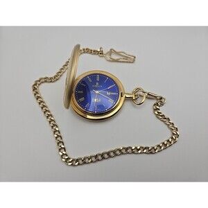 Berenger HMS Quartz Pocket Watch Hunter Case Blue Dial Date Goldtone New Battery